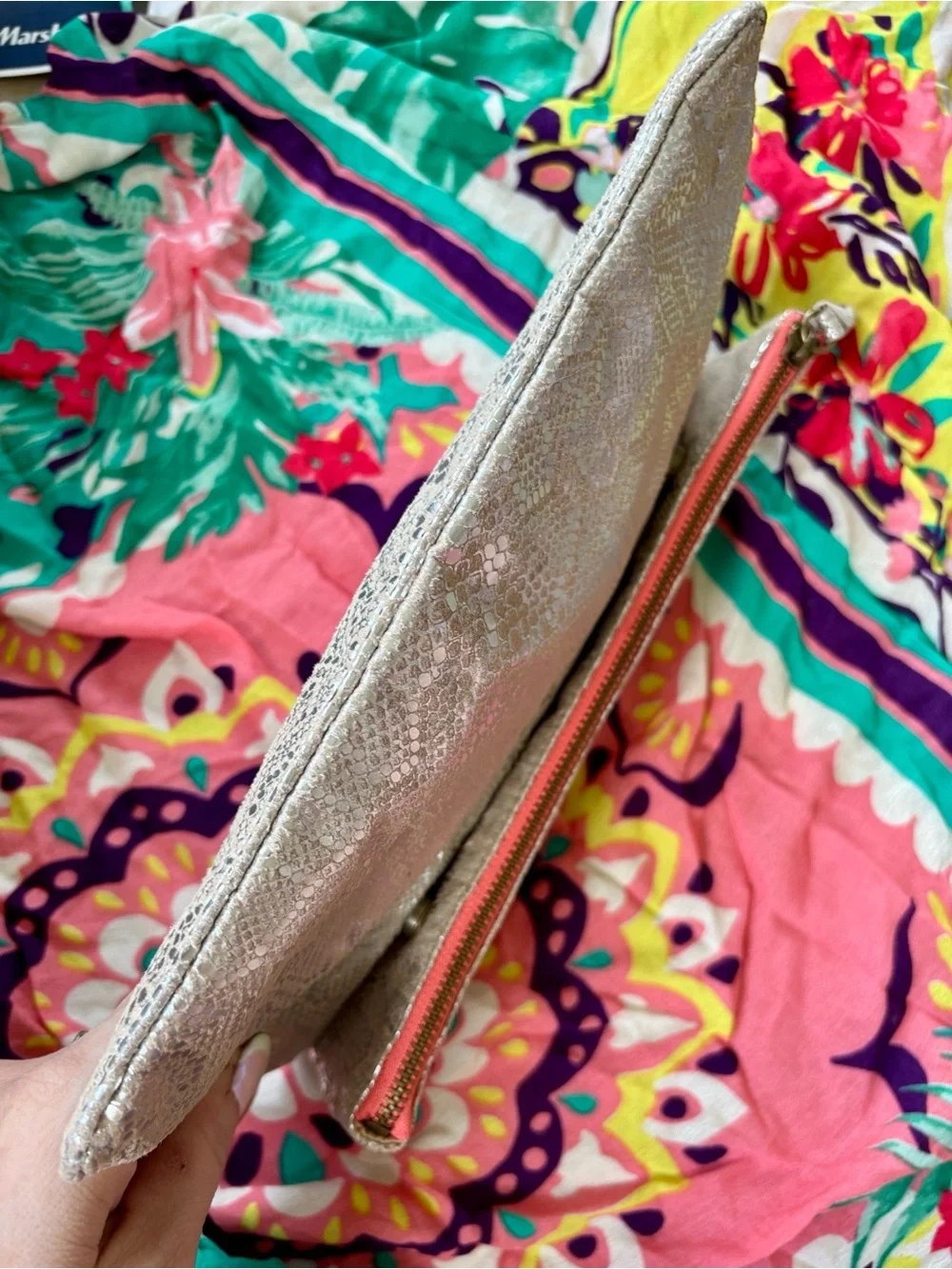 American Eagle Metallic Snakeskin Foldover Clutch Magnetic Snap Close Coral Zip